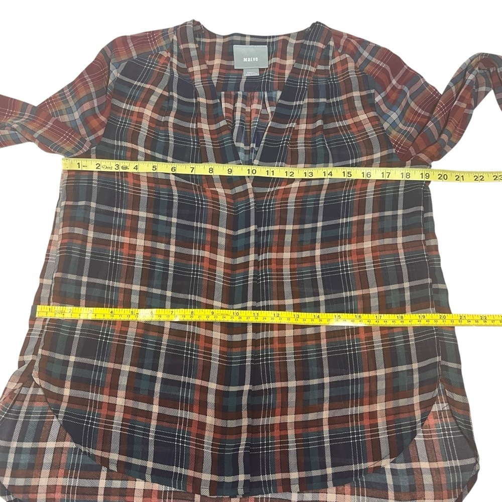 Anthropologie Maeve Sheer Plaid Printed Long Sleeve Blouse V-neck Size Small EUC - Picture 3 of 15